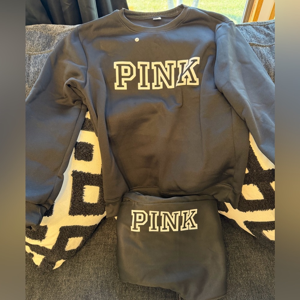 Women’s Pink Letter Print Crewneck Sweatshirt and Drawstring Track Pants Set L - Picture 3 of 13